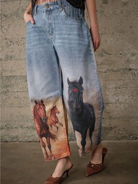 New Blue B Barrel Leg Jeans with Horse Print